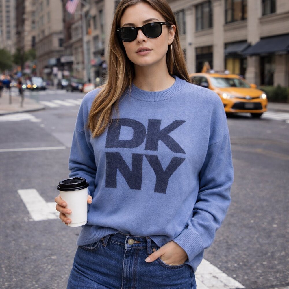 DKNY Country Blue Logo Sweater Size L NWT Lightweight Knit